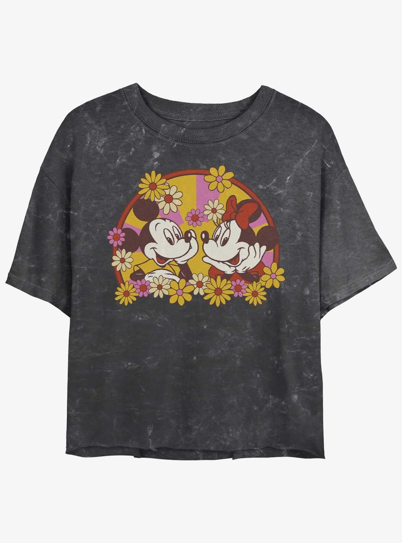 Cartoon Mickey Mouse Minnie Mouse Love Bloom Mineral Wash Girls Crop Shirt T Shirt Everyday Wear