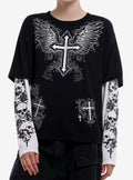 Black & White Winged Cross Skulls Girls Long-Sleeve T-Shirt