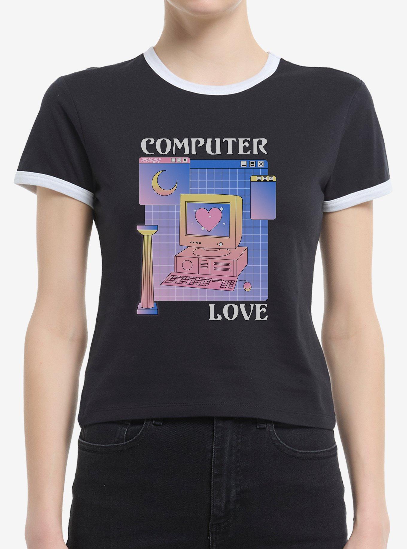 Vaporwave Computer Love Girls Ringer Crop Shirt T Shirt Cozy Fit