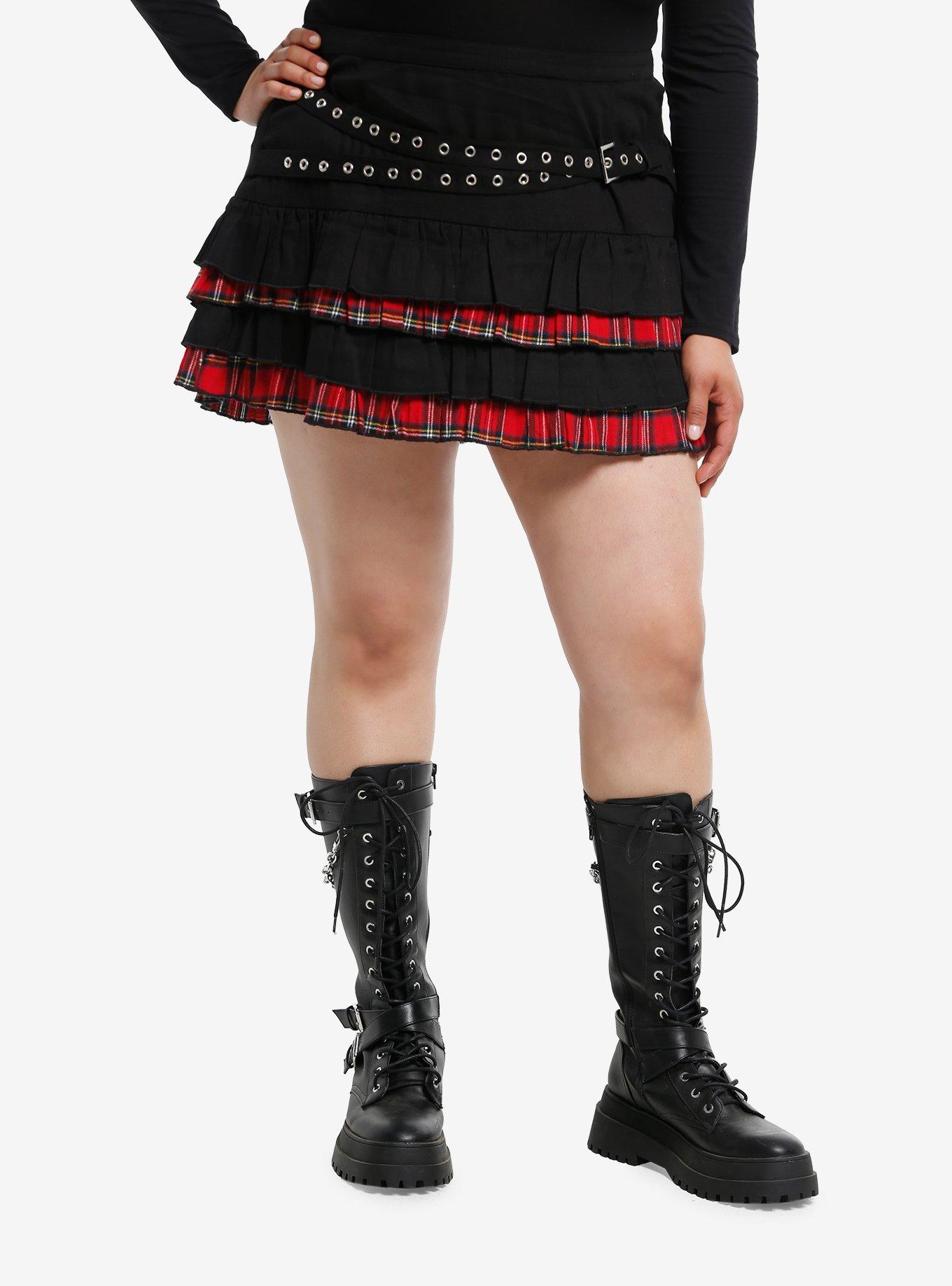 Social Collision Red Plaid & Black Grommet Buckle Mini Skirt Plus Size | Trendy Graphic Skirt | Stylish Outfit