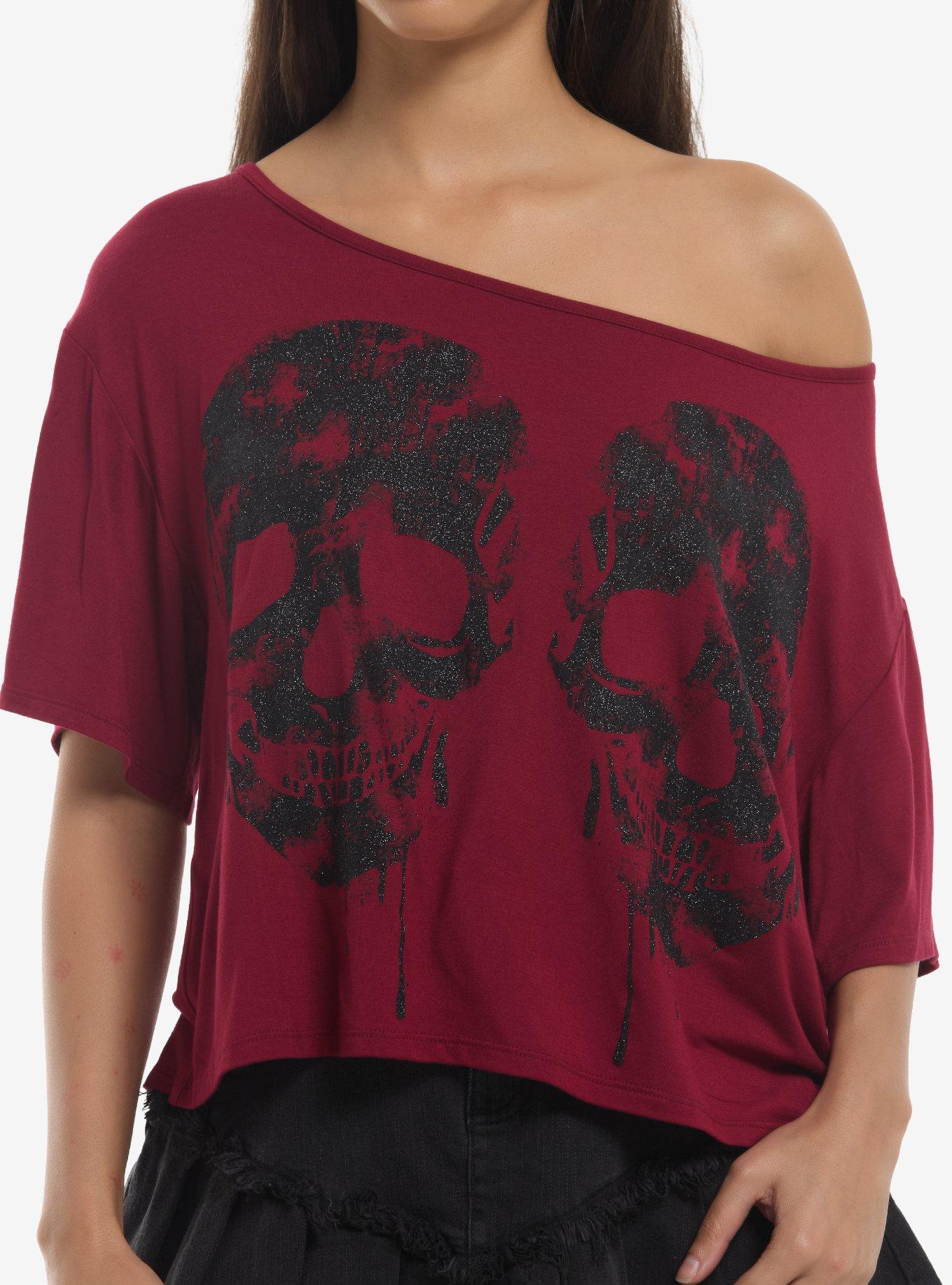 Maroon Black Glitter Skull OffShoulder Girls TShirt Graphic Tee | Graphic Tee | Unisex Shirt | Top Trending Fashion