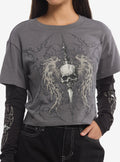Social Collision Dagger Winged Skull Girls Twofer Long-Sleeve T-Shirt