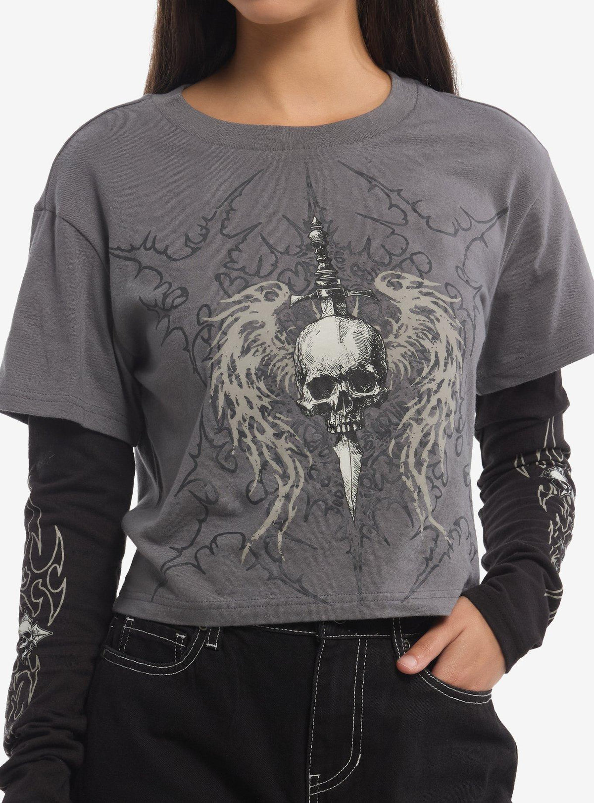 Social Collision Dagger Winged Skull Girls Twofer Long-Sleeve T-Shirt