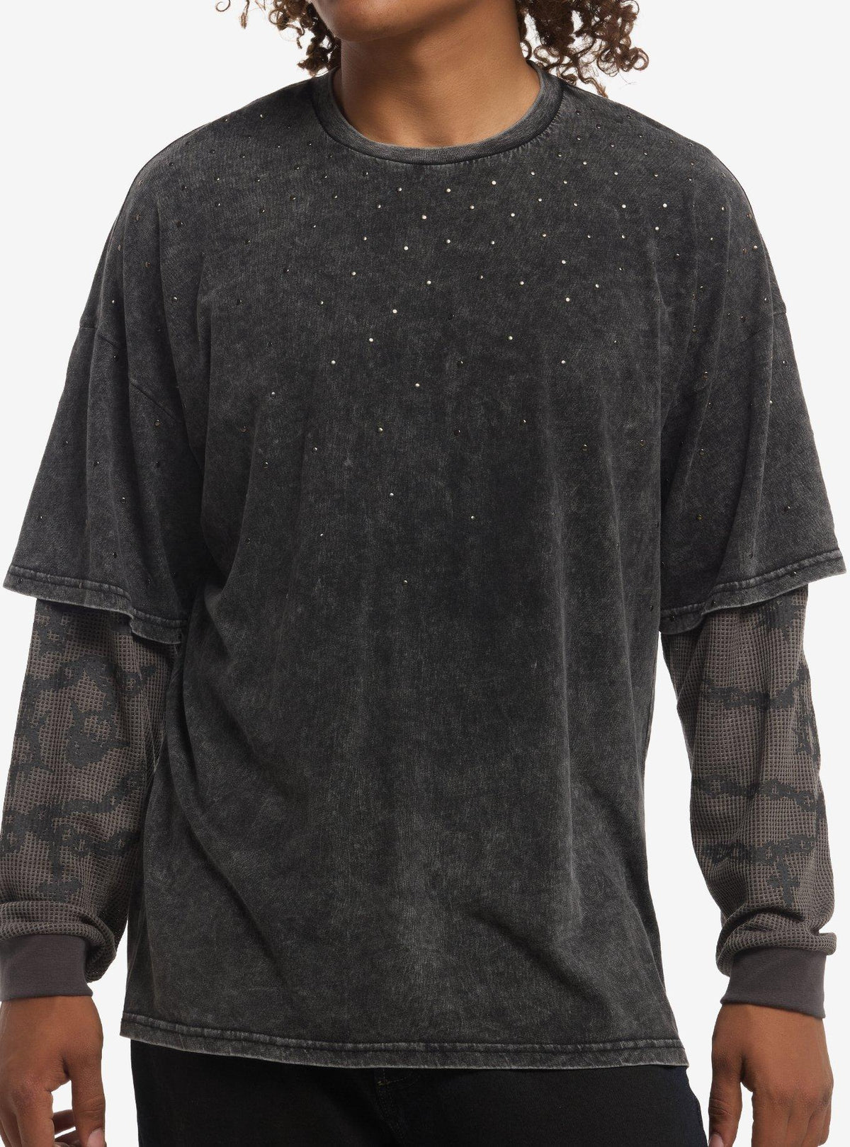 Grey Cross Chain Stud Twofer Long-Sleeve T-Shirt