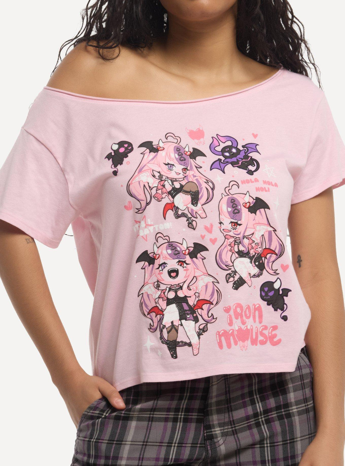 Ironmouse Chibi Collage Girls Off-Shoulder T-Shirt