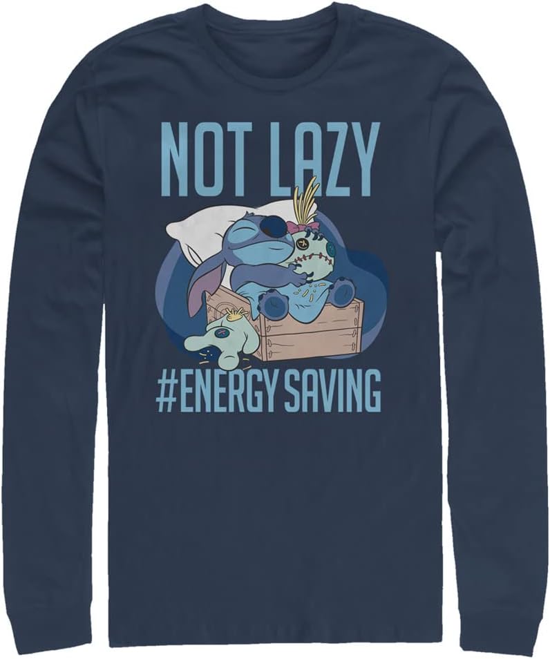 Big Tall Mens Lilo Stitch Lazy Energy Tops Long Sleeve Tee Shirt