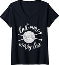 Womens Knit More Worry Less Yarn Tee Shirt Women Crochet Lover Gift V-Neck