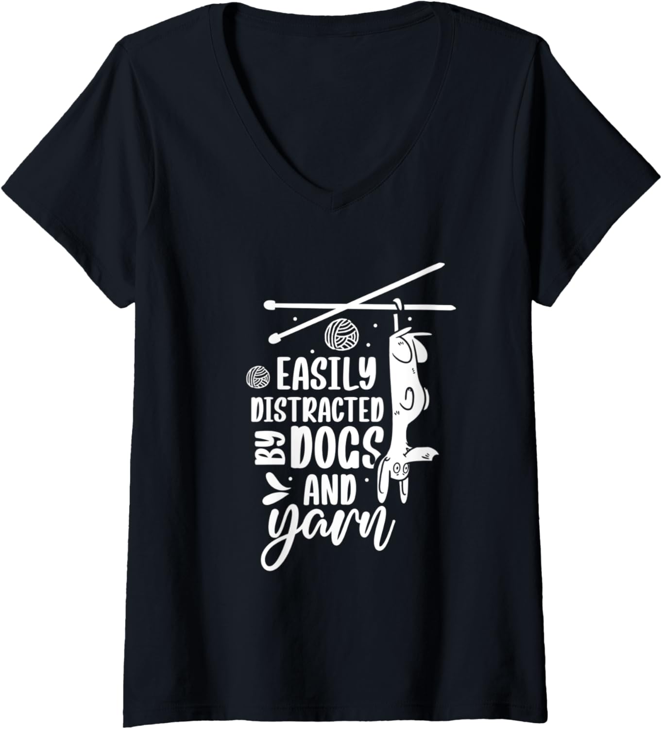 Womens Easily Distracted By Dogs And Yarn Knitter Knitting Knit V-Neck
