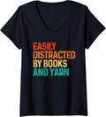 Womens Easily Distracted By Books And Yarn Knitting V-Neck