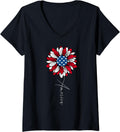 Womens American Sunflower Patriotic Usa Flag 4Th Of July Flower V Neck