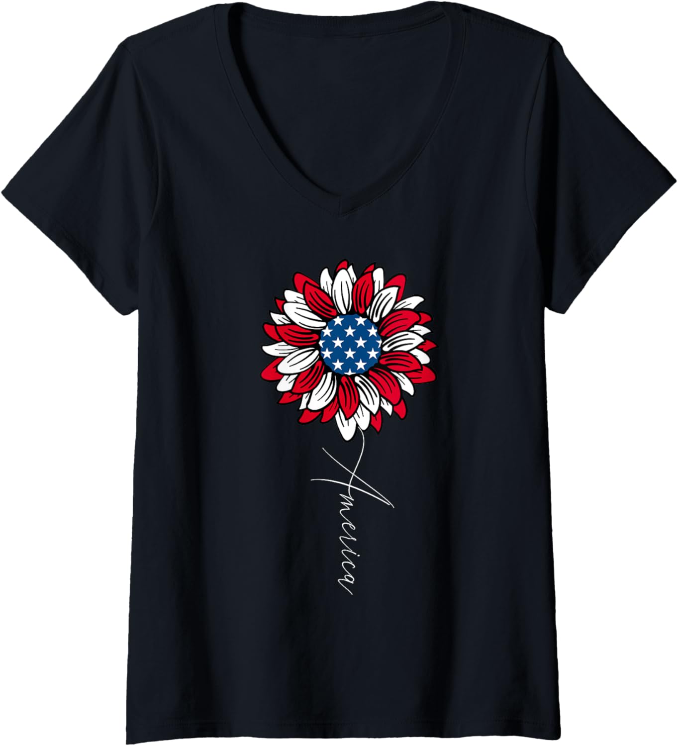 Womens American Sunflower Patriotic Usa Flag 4Th Of July Flower V Neck