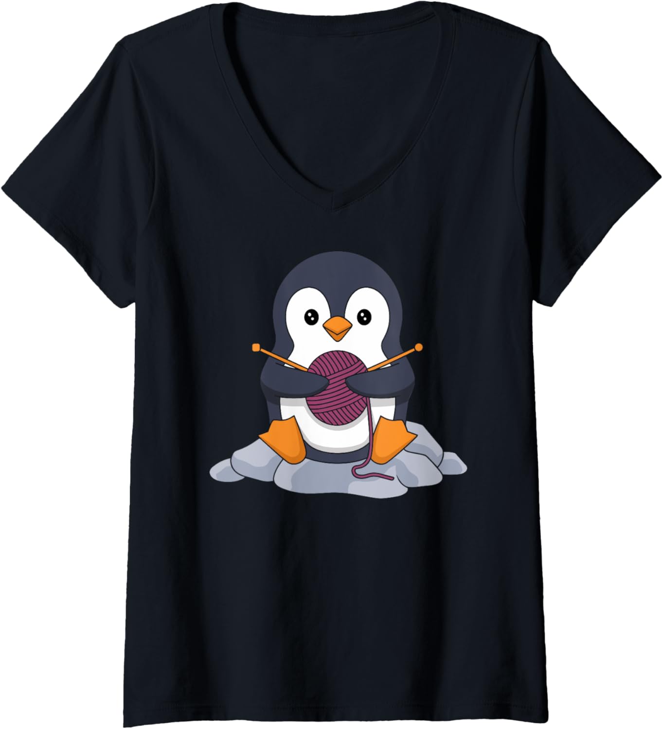 Womens Knitting Penguin Embracing Cozy Yarn Craft V-Neck