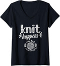 Womens Knit Happens Hobby Yarn Knitting Knitter V-Neck