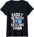 Womens Easily Distracted By Cats And Yarn Knitting Yarn Crochet V-Neck