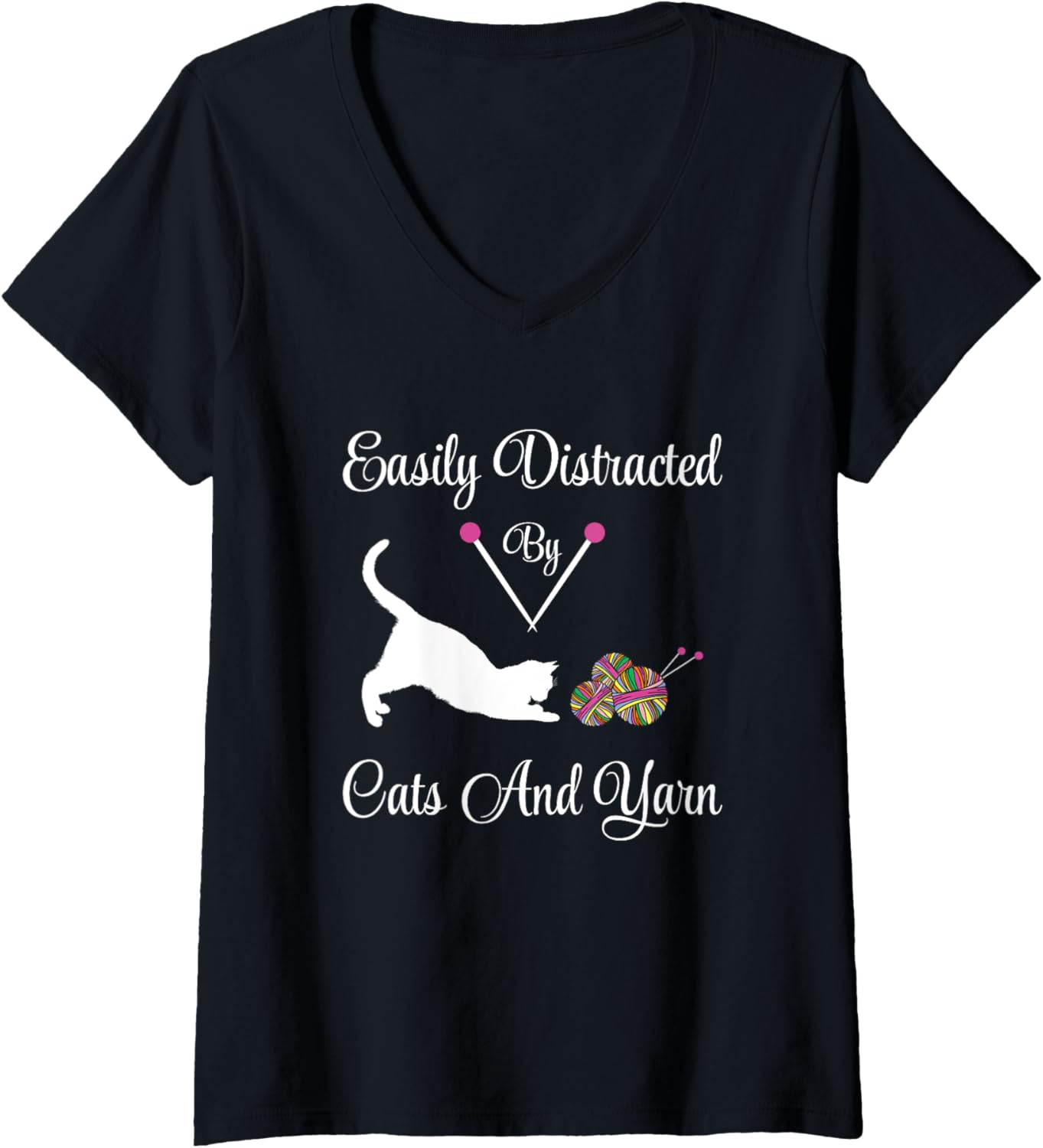 Womens Easily Distracted By Cats And Yarn, Knitting Yarn lovers V-Neck