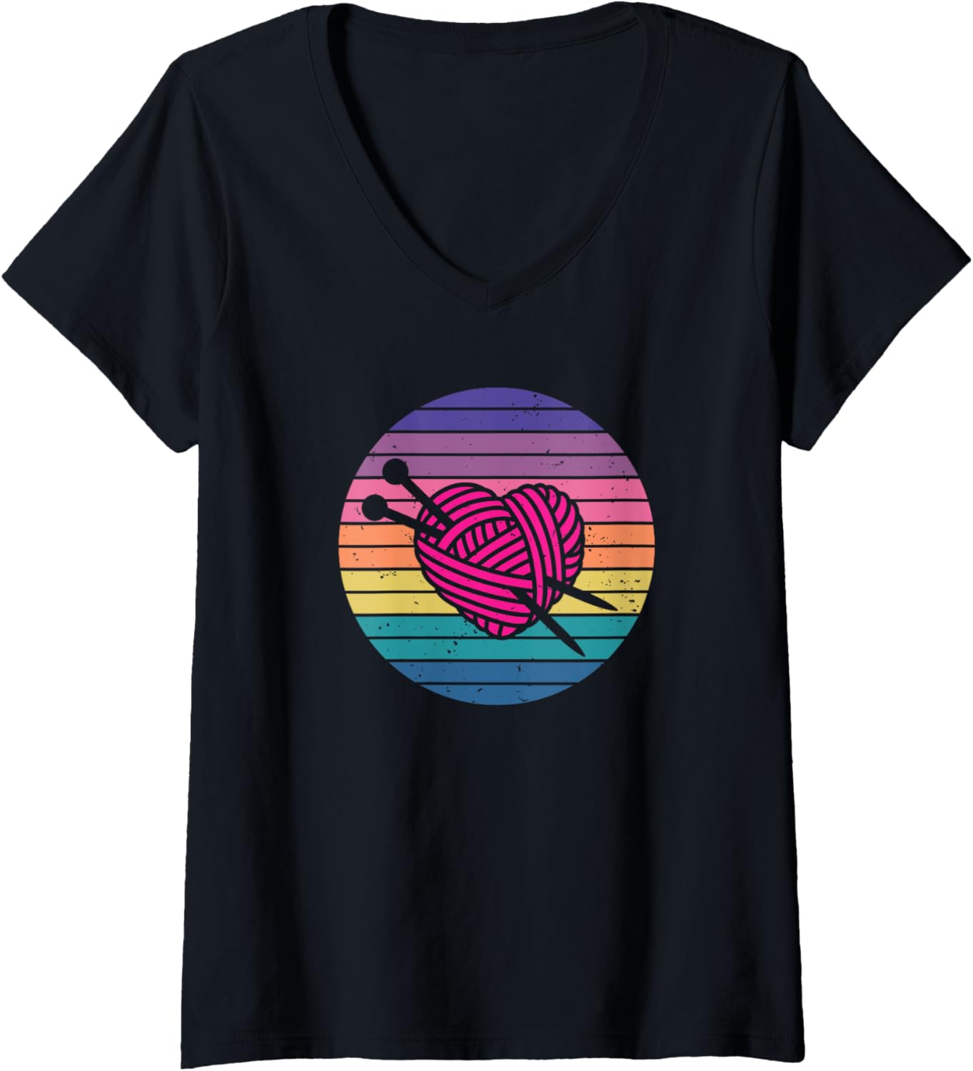 Womens I Love Knitting Hobby Yarn Heart Vintage Retro Sunset V-Neck