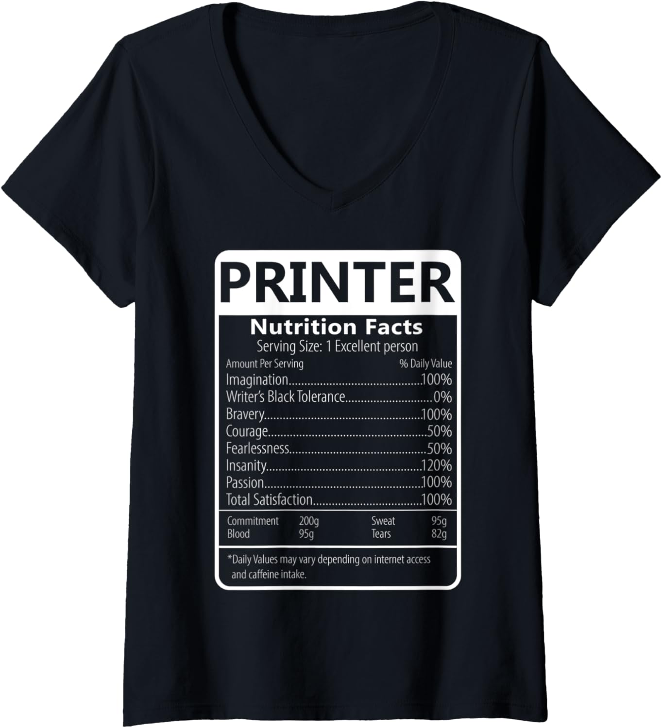 Womens Printer Nutrition Facts Sarcastic Graphic V Neck