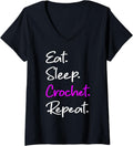 Womens Eat Sleep Crochet Repeat Funny Crocheter Yarn Crocheting V-Neck