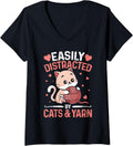 Womens Easily Distracted By Cats and Yarn Funny Crocheting Lover V-Neck