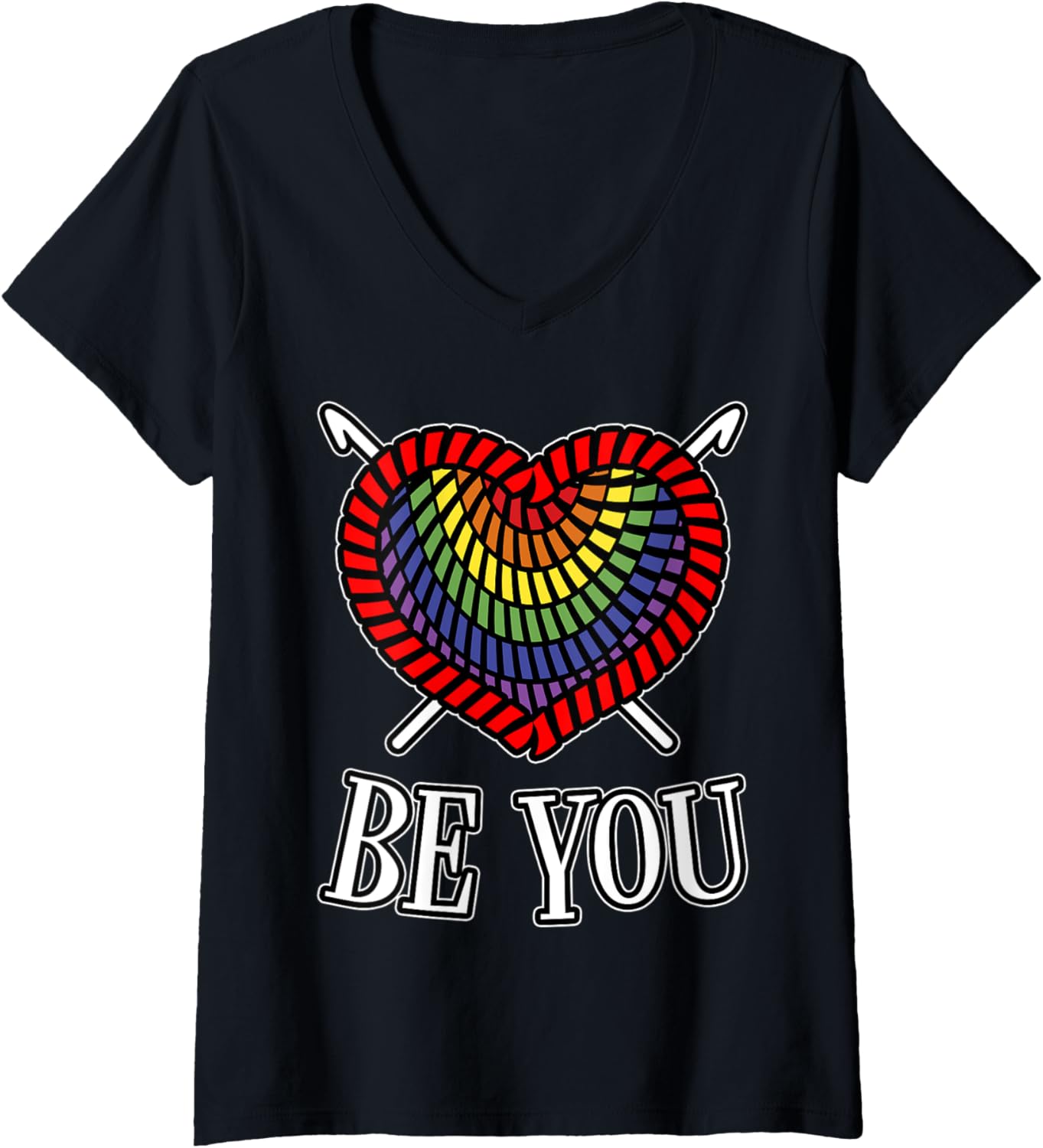 Womens Be You LGBT Gay Pride Month Crochet Yarn Rainbow Heart V-Neck
