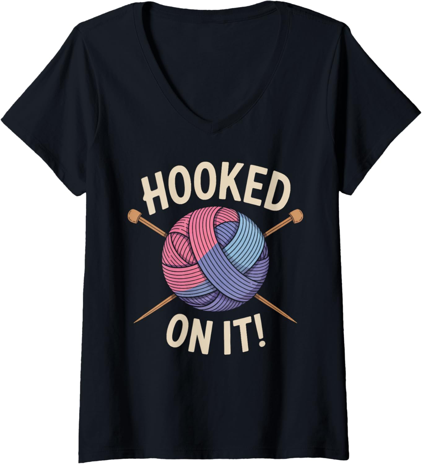 Womens Hooked on It Funny Yarn Knitting Lover V-Neck