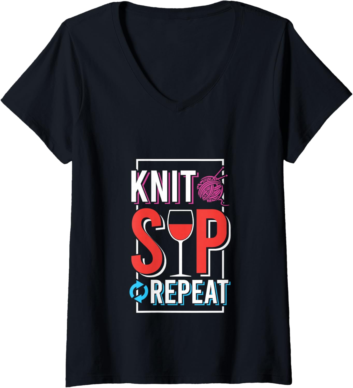 Womens Knit Sip Repeat Funny Wine Yarn Humor V-Neck