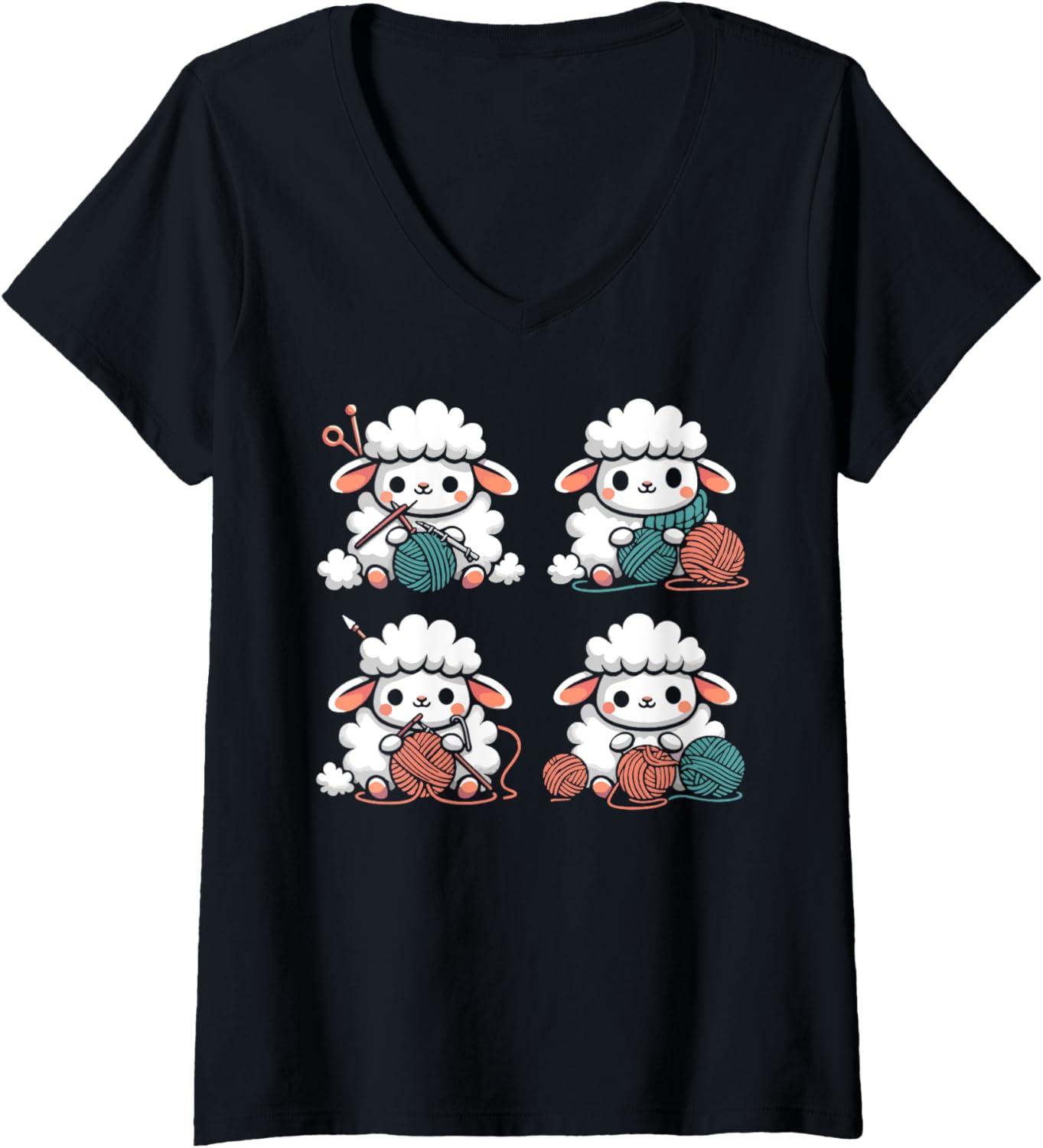 Womens Cute Sheep Crocheting Funny Yarn Lover Crocheter V-Neck