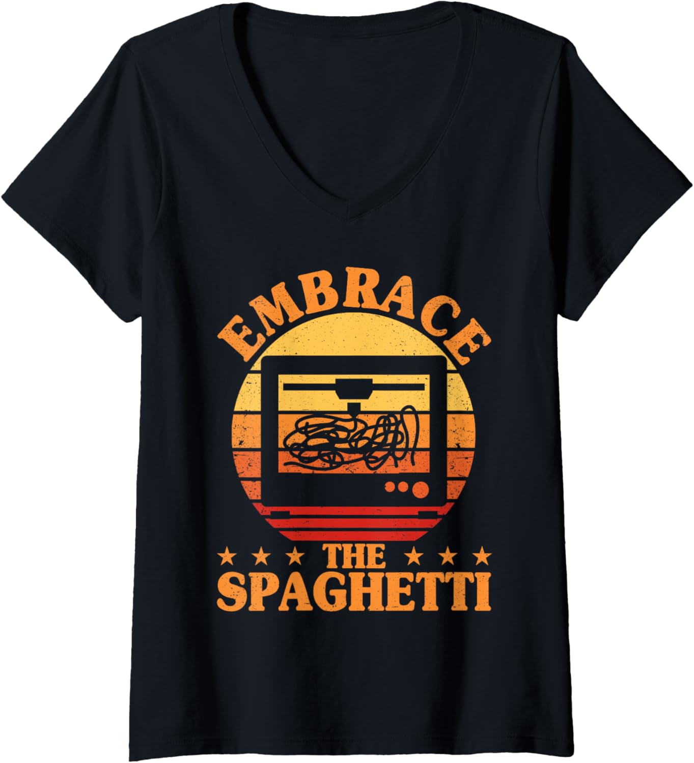 Womens Embrace Spaghetti Retro 3D Printing Funny 3D Printer V Neck