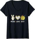 Womens Peace love Knit gift for women girls, yarn Knitting, Crochet V-Neck