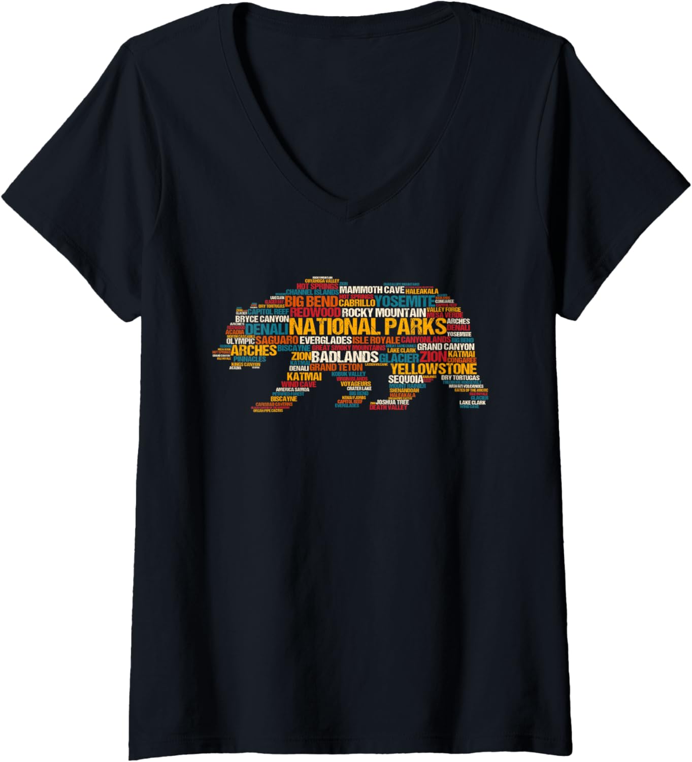 Womens National Parks Usa List Word Cloud Bear Camping Hiking V Neck
