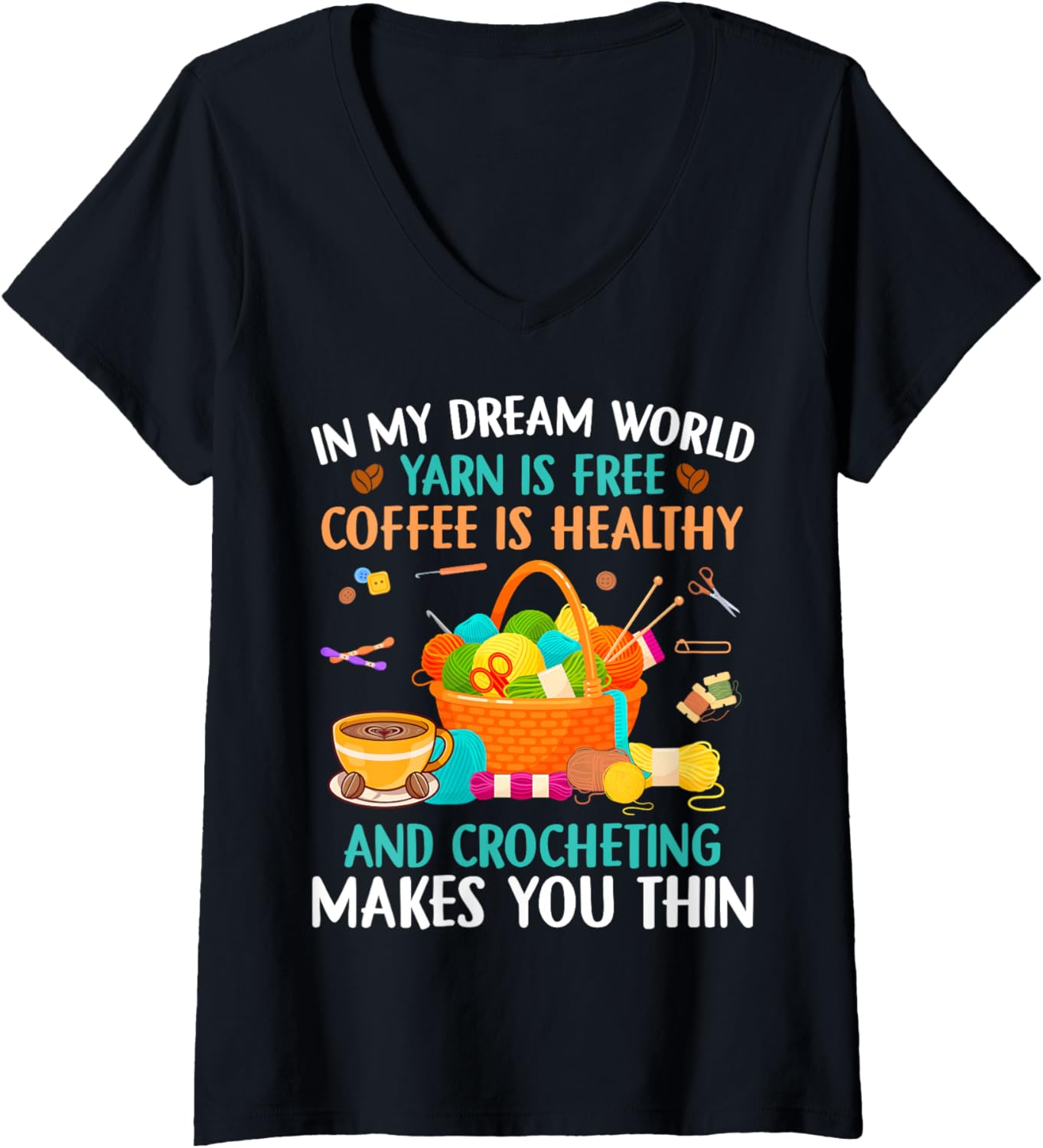 Womens Funny Crochet Yarn Coffee Collecting knit Yarn Ball knitting V-Neck