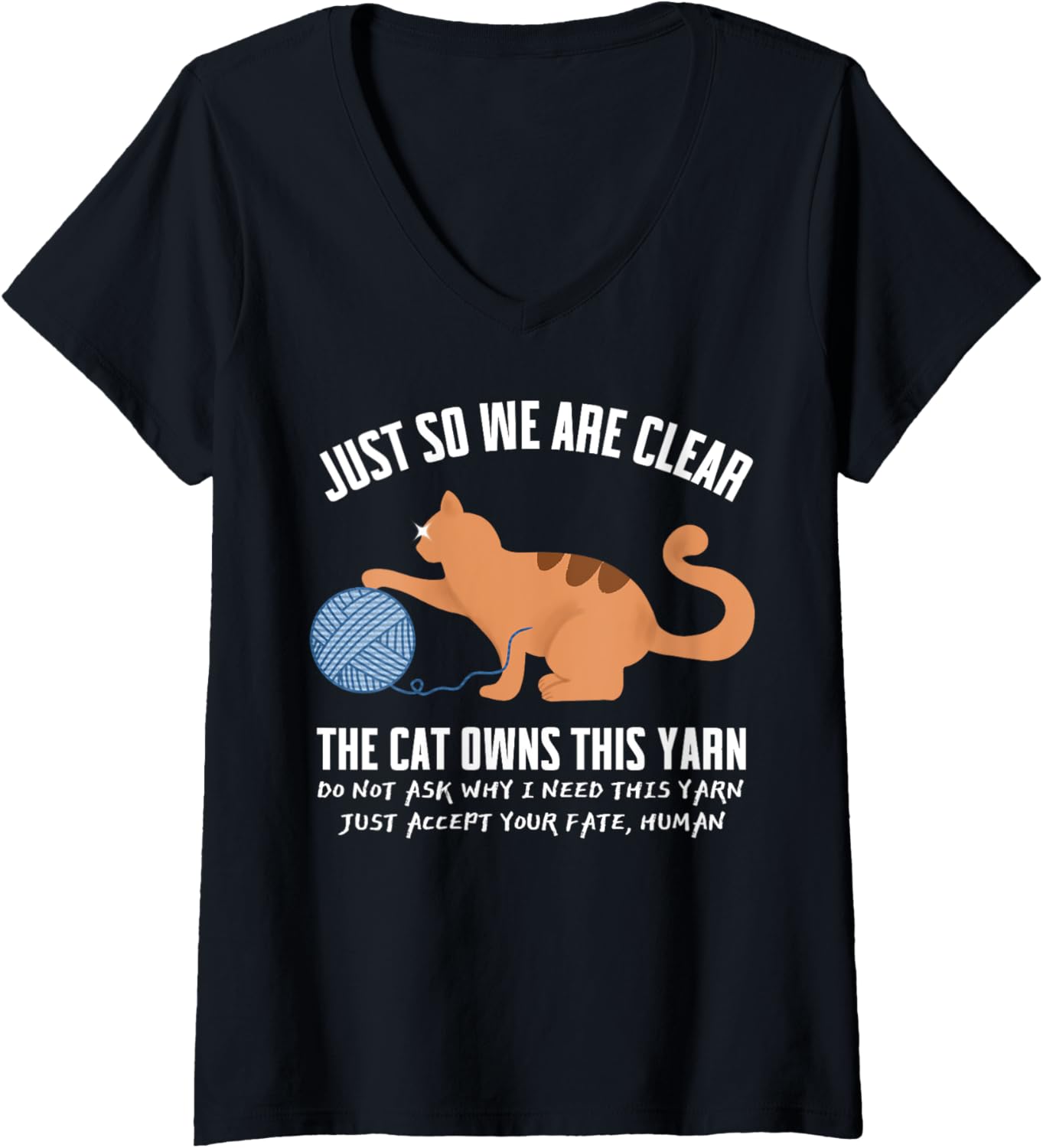 Womens Funny Orange Cat Just So We Are Clear The Cat Owns This Yarn V-Neck