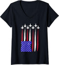 Womens Jets 4Th Of July Patriotic Red White Blue Usa Flag Fighter V Neck