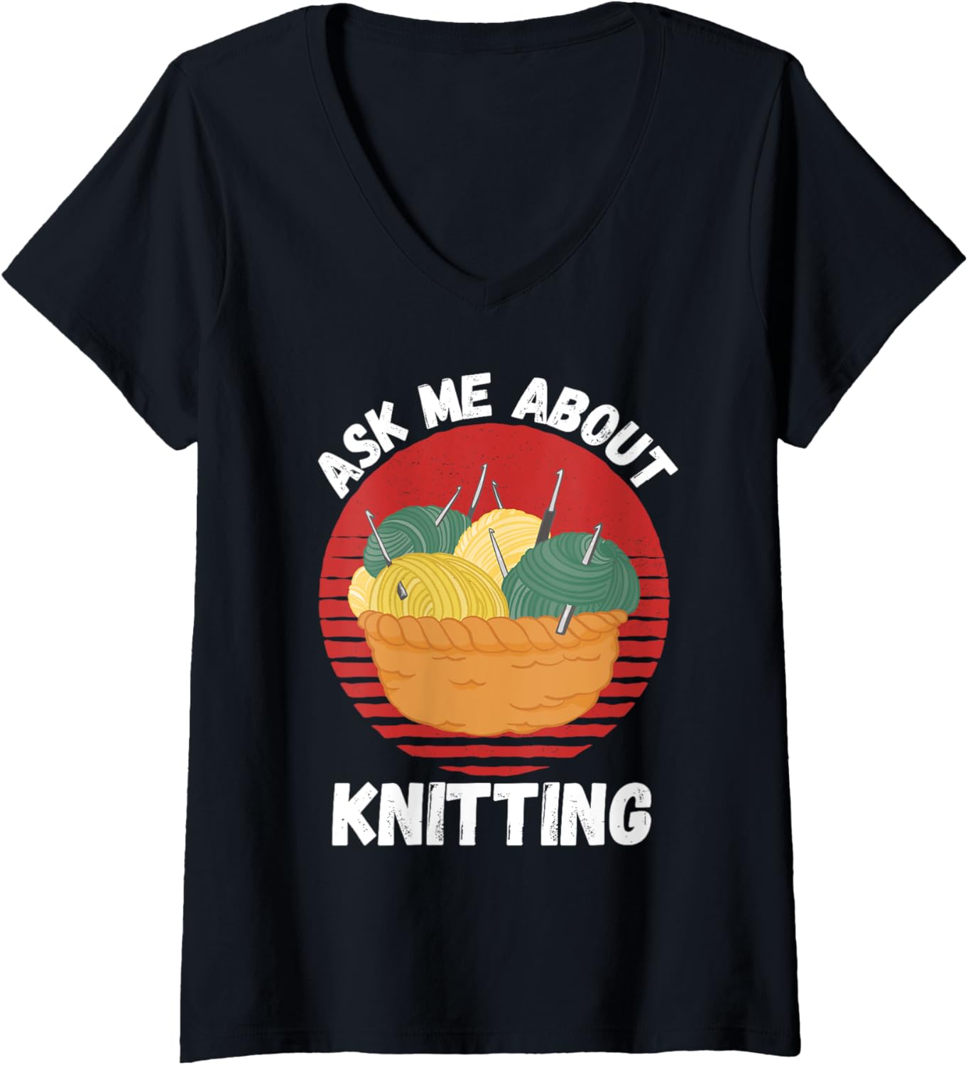 Womens Retro Knitting Ask Me About Knitting Yarn Lover V-Neck