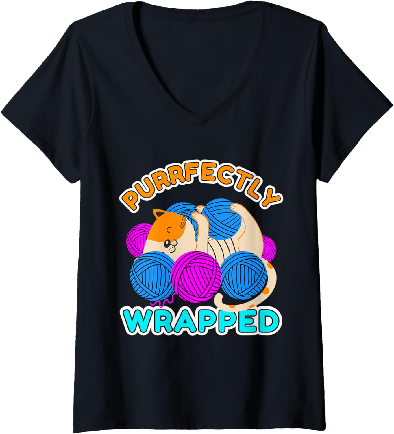Womens Funny Cat and Yarn Lover Tee - Purrfectly Wrapped Cat V-Neck