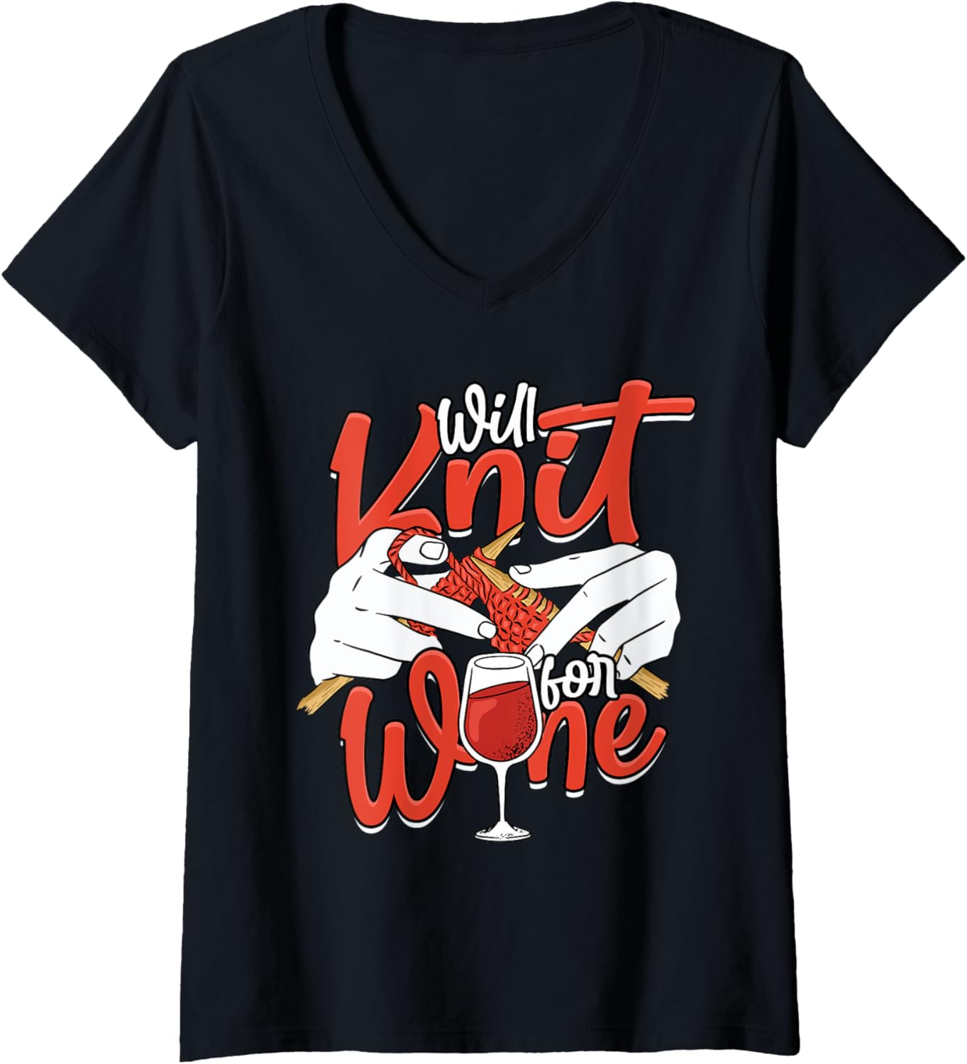 Womens Knitting Yarn Knitter Needles Will knit for wine V-Neck