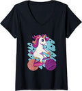 Womens Unicorn Riding on a Bicycle with Balls of Yarn for Tires V-Neck