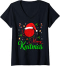 Womens Merry Knitmas Xmas Holiday Santa Hat Knitting Yarn Christmas V-Neck