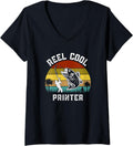 Womens Reel Cool Printer Fisherman Fishing Vintage Retro V Neck