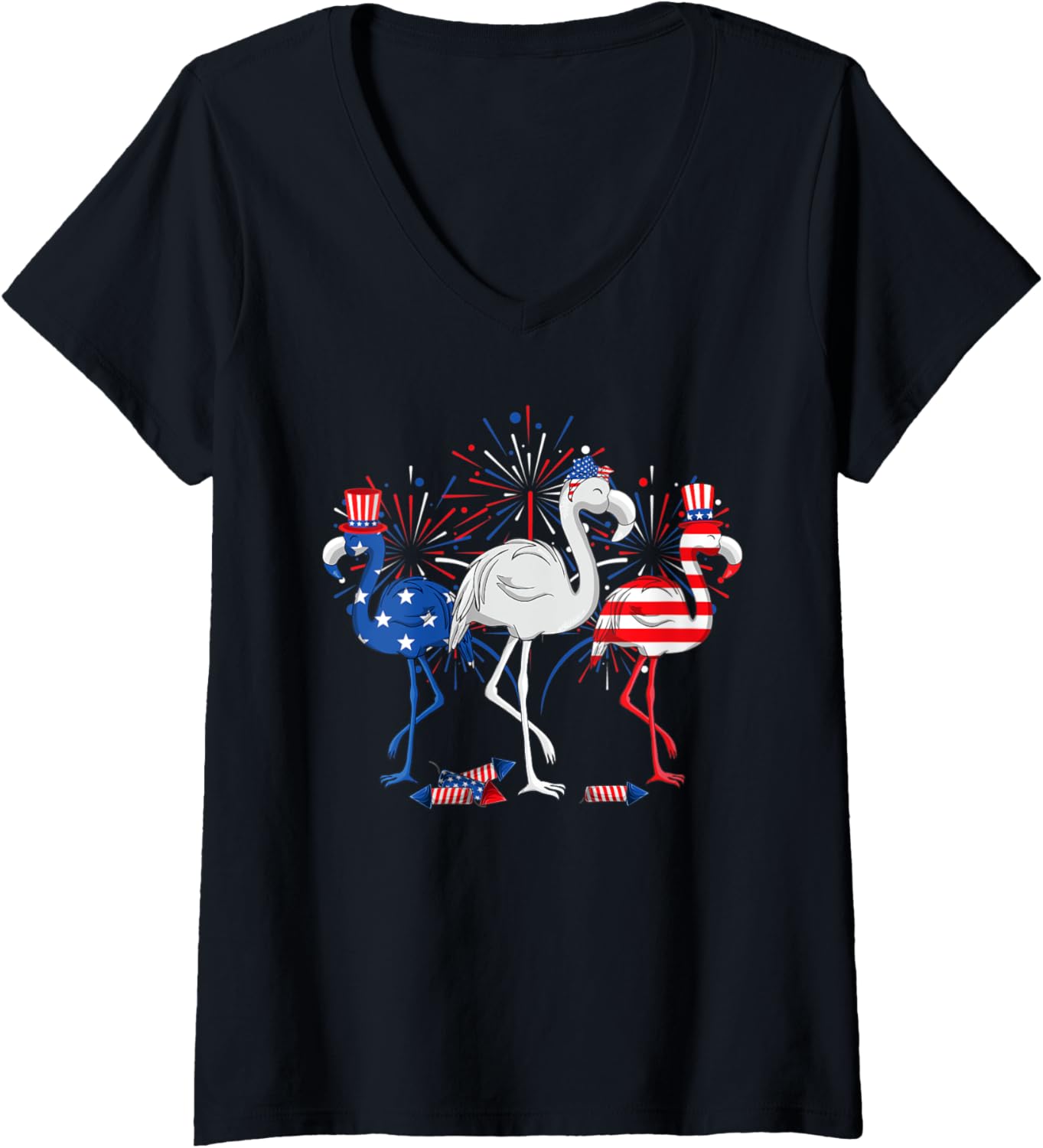 Womens Funny Red White Blue Flamingo Patriotic Happy 4Th Of July V Neck