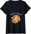 Womens Yarn Lover Cozy Cat Embracing Balls Of Yarn V-Neck