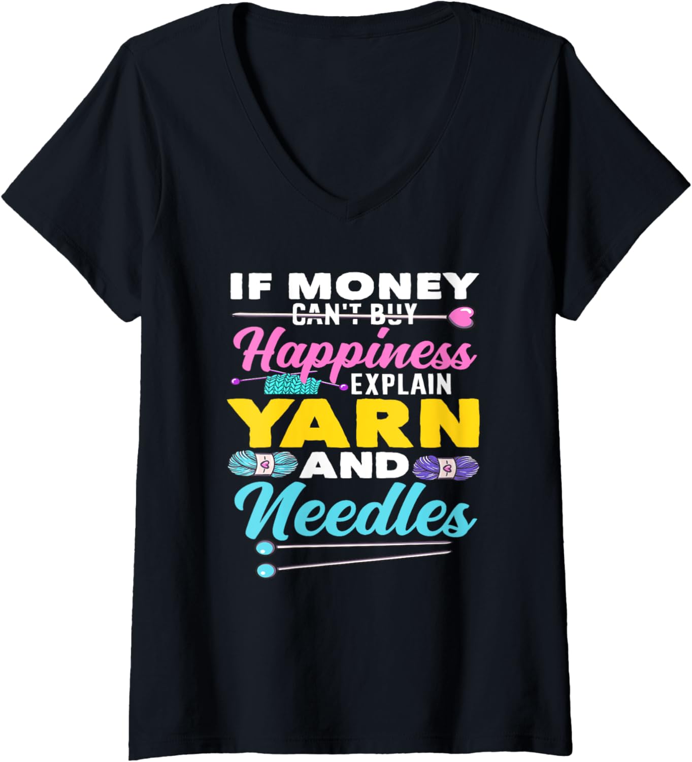 Womens Knitting Happiness Yarn And Needles Funny Knitting V-Neck