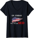 Womens On Friday We Wear Red Cool American Flag Us Veteran Outfit V Neck