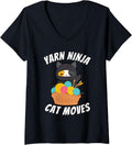 Womens Funny Cat Lover and Yarn Enthusiast Tee - Yarn Ninja Cat V-Neck