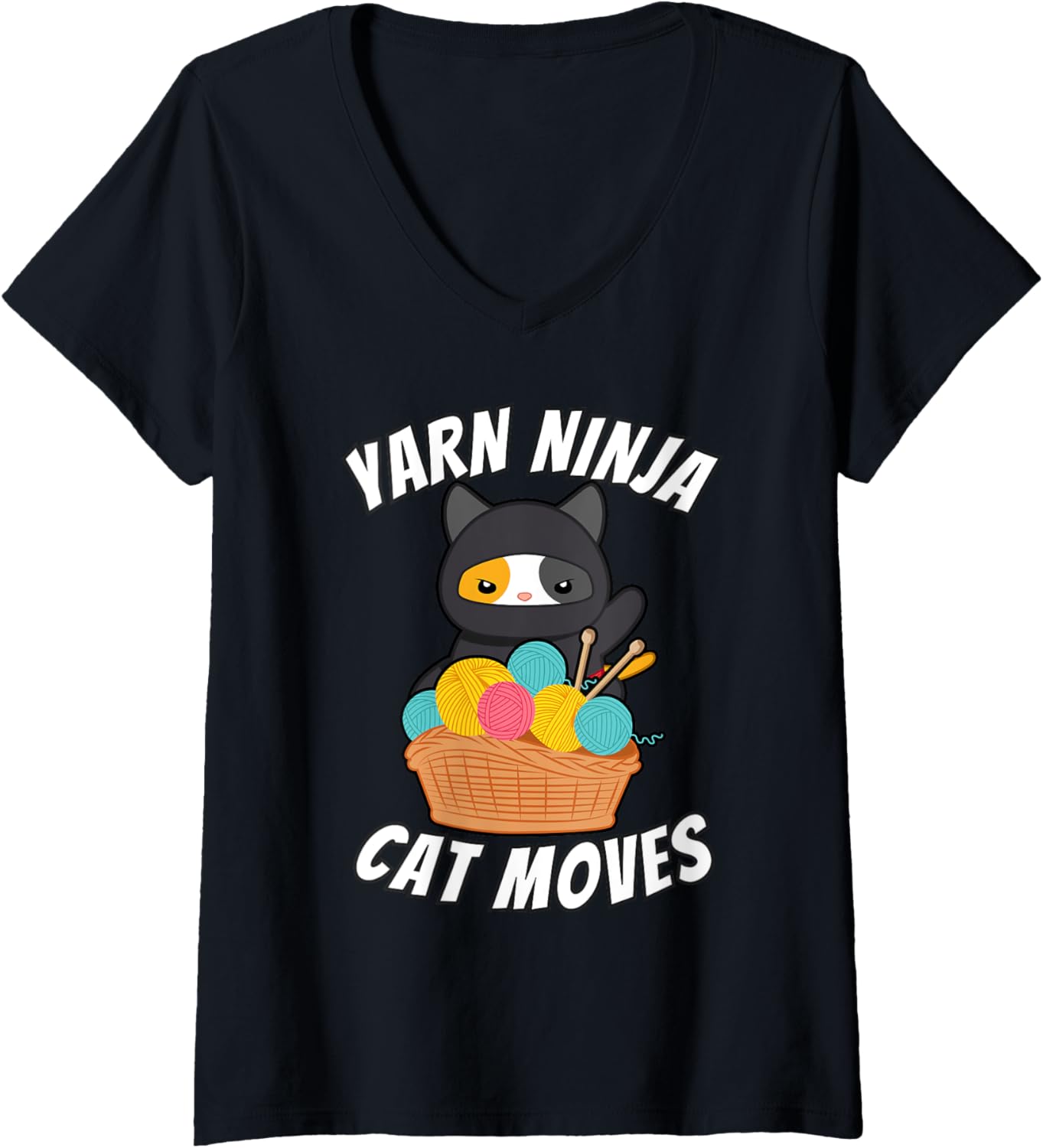 Womens Funny Cat Lover and Yarn Enthusiast Tee - Yarn Ninja Cat V-Neck