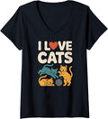 Womens I Love Cats Playful Kittens Yarn Ball V-Neck