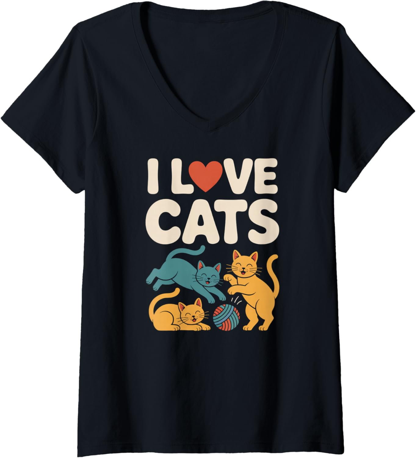 Womens I Love Cats Playful Kittens Yarn Ball V-Neck