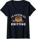 Womens I'd Rather Be Knitting Basket of Yarn Arts & Crafts V-Neck