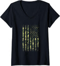 Womens Memorial Day Veteran Camo American Flag V Neck