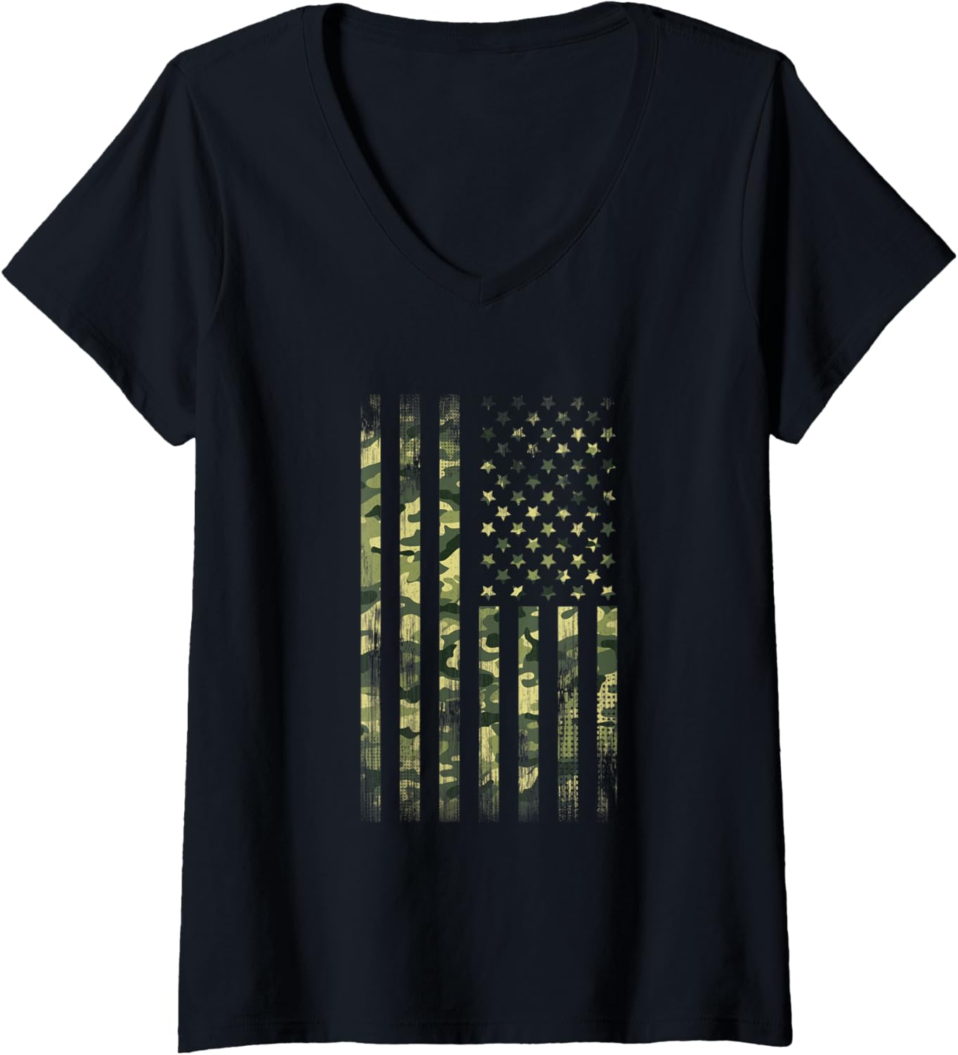 Womens Memorial Day Veteran Camo American Flag V Neck